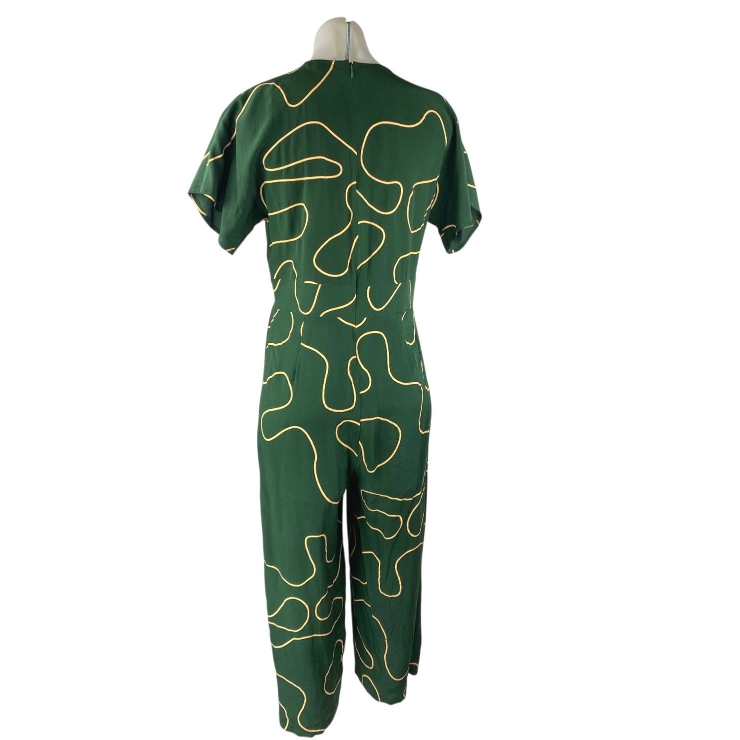 Ali Golden Women's Green Gold Silk Abstract Short Sleeve V Neck Crop Jumpsuit S — image 3 of 6